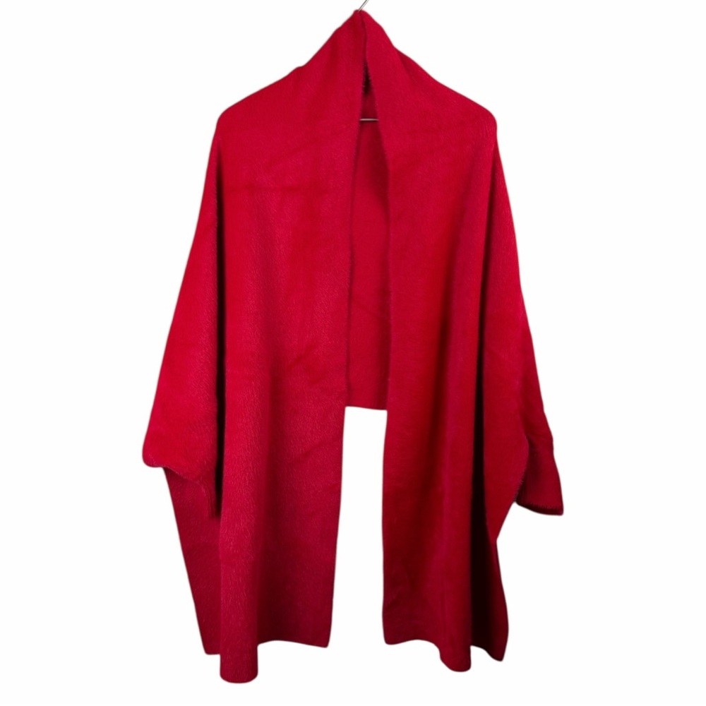 Frank Lyman Design Vibrant Red Poncho Shawl Fuzzy Short Sleeve Shrug Wrap NWT OS
